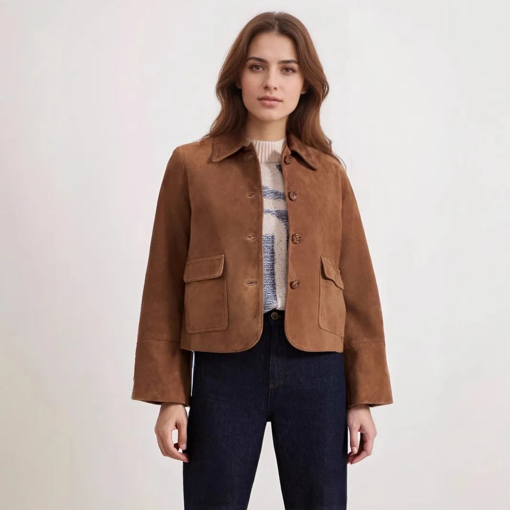 Kurze Wildlederjacke mit Fronttaschen für Damen - Alenor