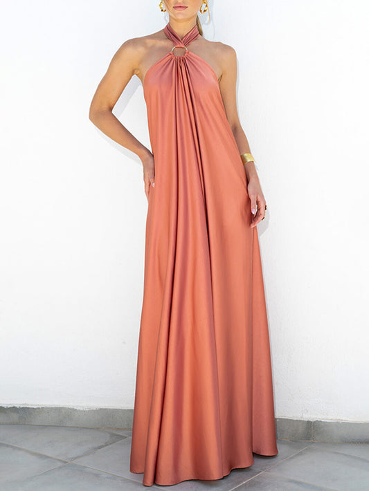 Emilia - Robe d'été en satin à col halter et coupe évasée