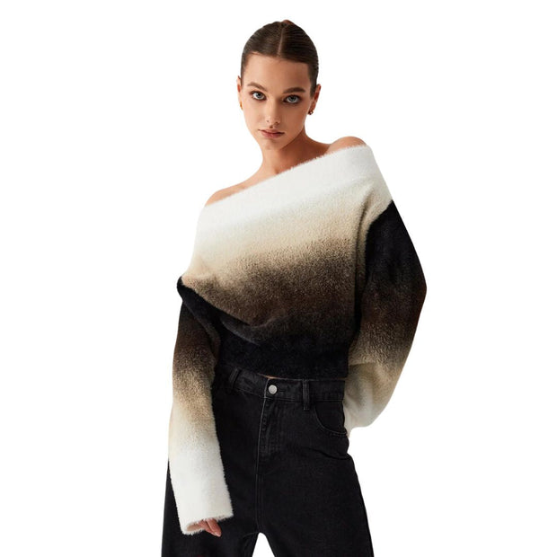 Clarissa - Schulterfreier Gradient Flauschiger Strickpullover