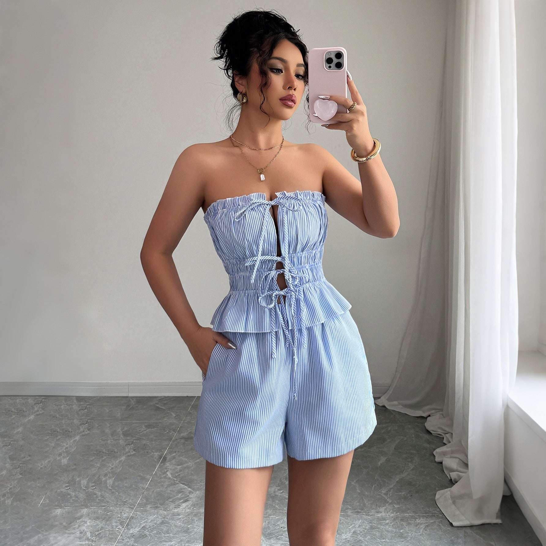 Kurzes Baumwollset mit Schleife im Bandeau-Stil für Damen - Camila