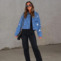 Veda - Denim jacket with pearl embellishment and star accents