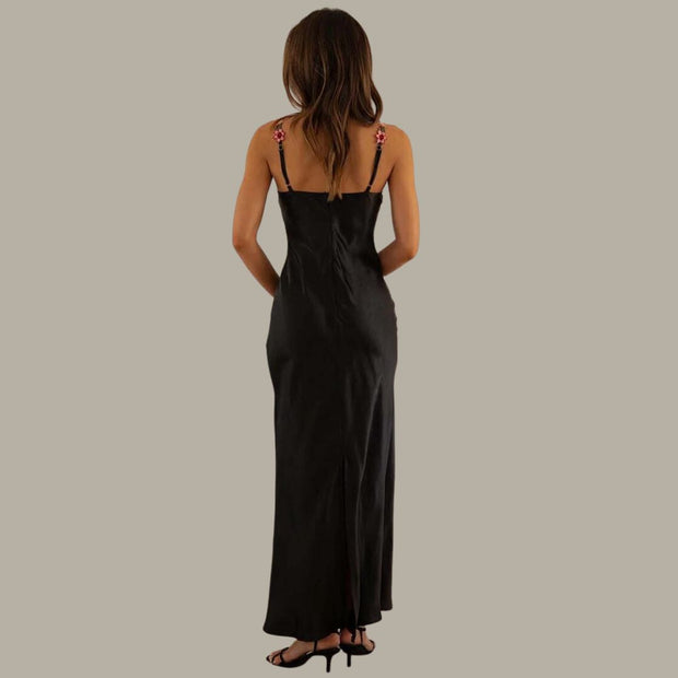Elegant satin maxi dress with filigree floral embellishment