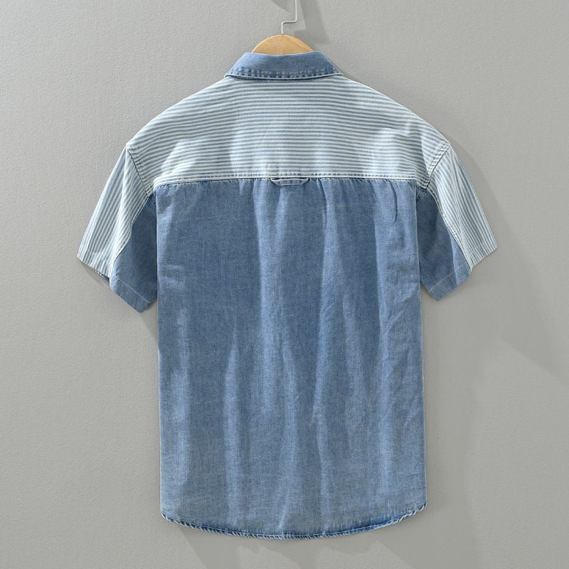 Herrenhemd Denim Patchwork gestreift kurzarm - Elías
