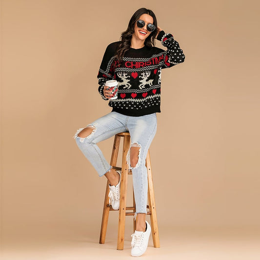 Pull de Noël pour femmes tricoté avec des rennes et des cœurs - Tania
