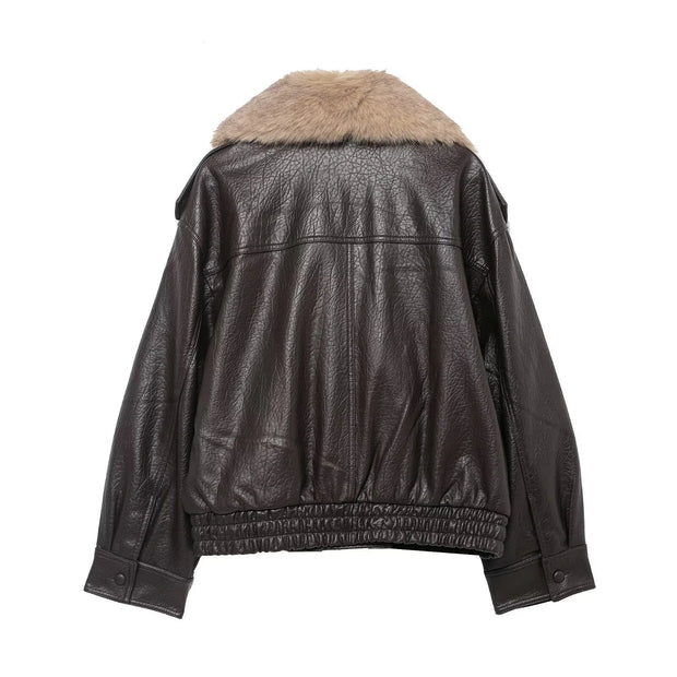 Veste femme effet cuir à large col effet fourrure - Nymera