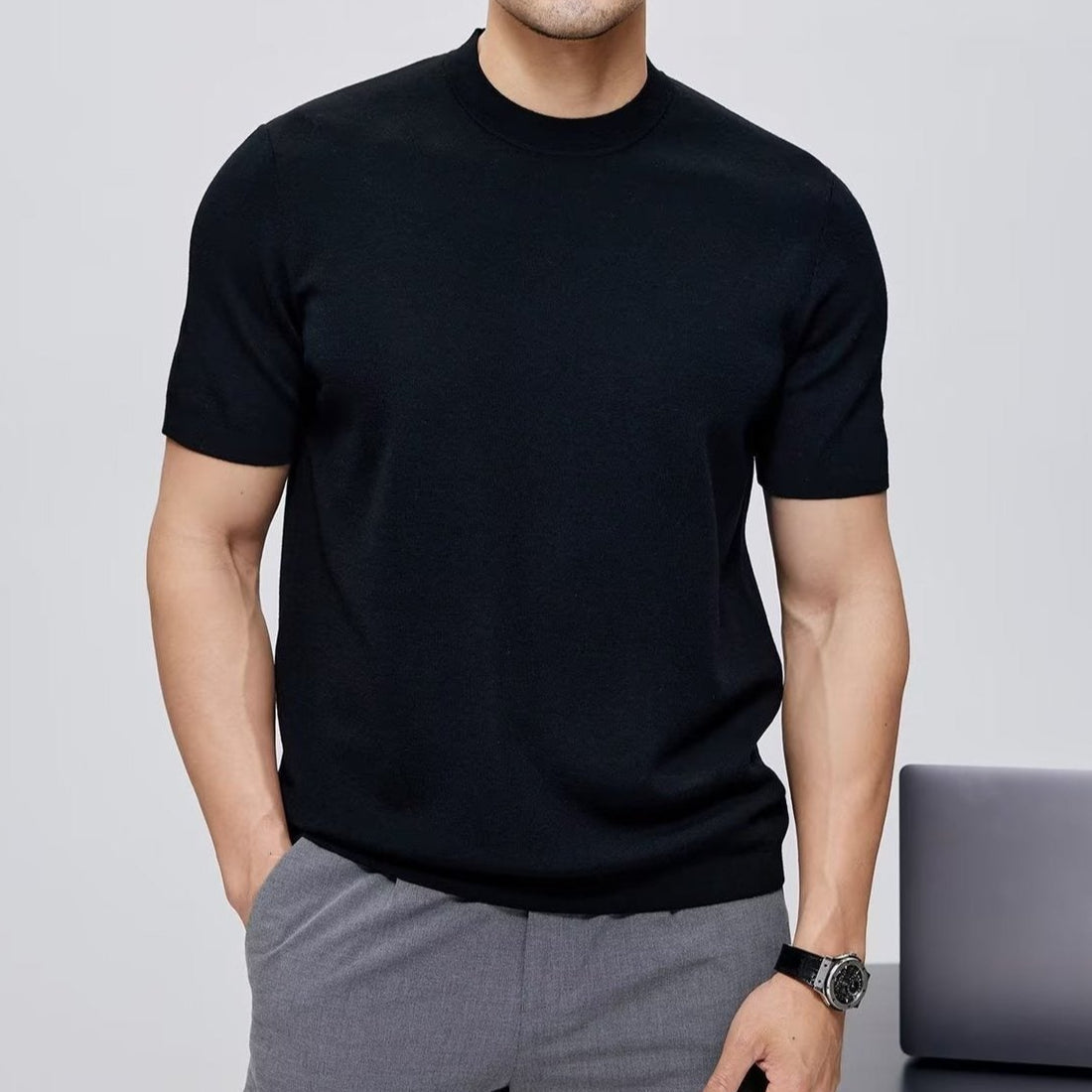Herren-T-Shirt aus merzerisierter Baumwolle, Rundhalsausschnitt, minimalistischer Stil - Hugo