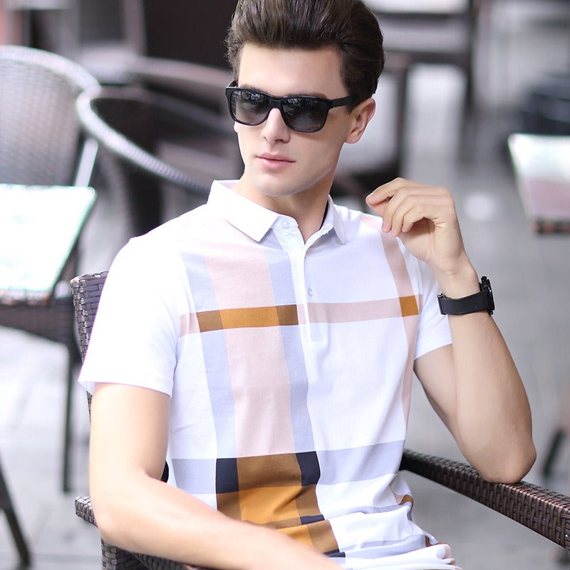 Kurzärmeliges Poloshirt aus mercerisierter Baumwolle mit modernem Karomuster für Herren - Elias