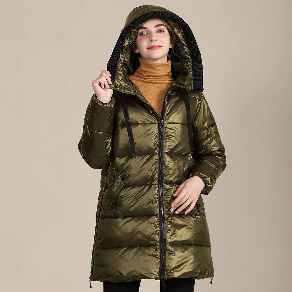 Katty - Glänzende Winterdaunenjacke aus gestepptem Nylon mit Kapuze für Frauen