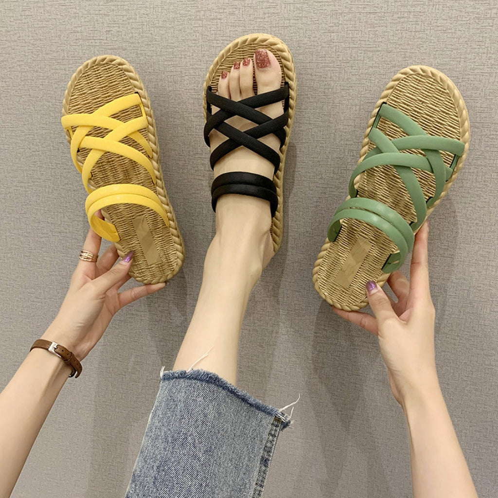 Flache Damen Sandalen mit gekreuzten Riemen Römischer Stil gelb - Soléa