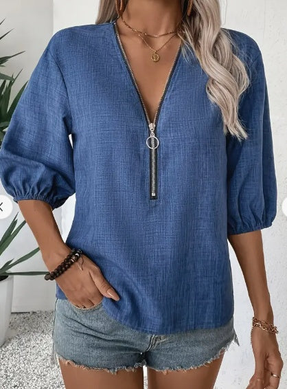 Elizabeth - Blouse élégante pour femme avec décolleté profond en V et fermeture éclair