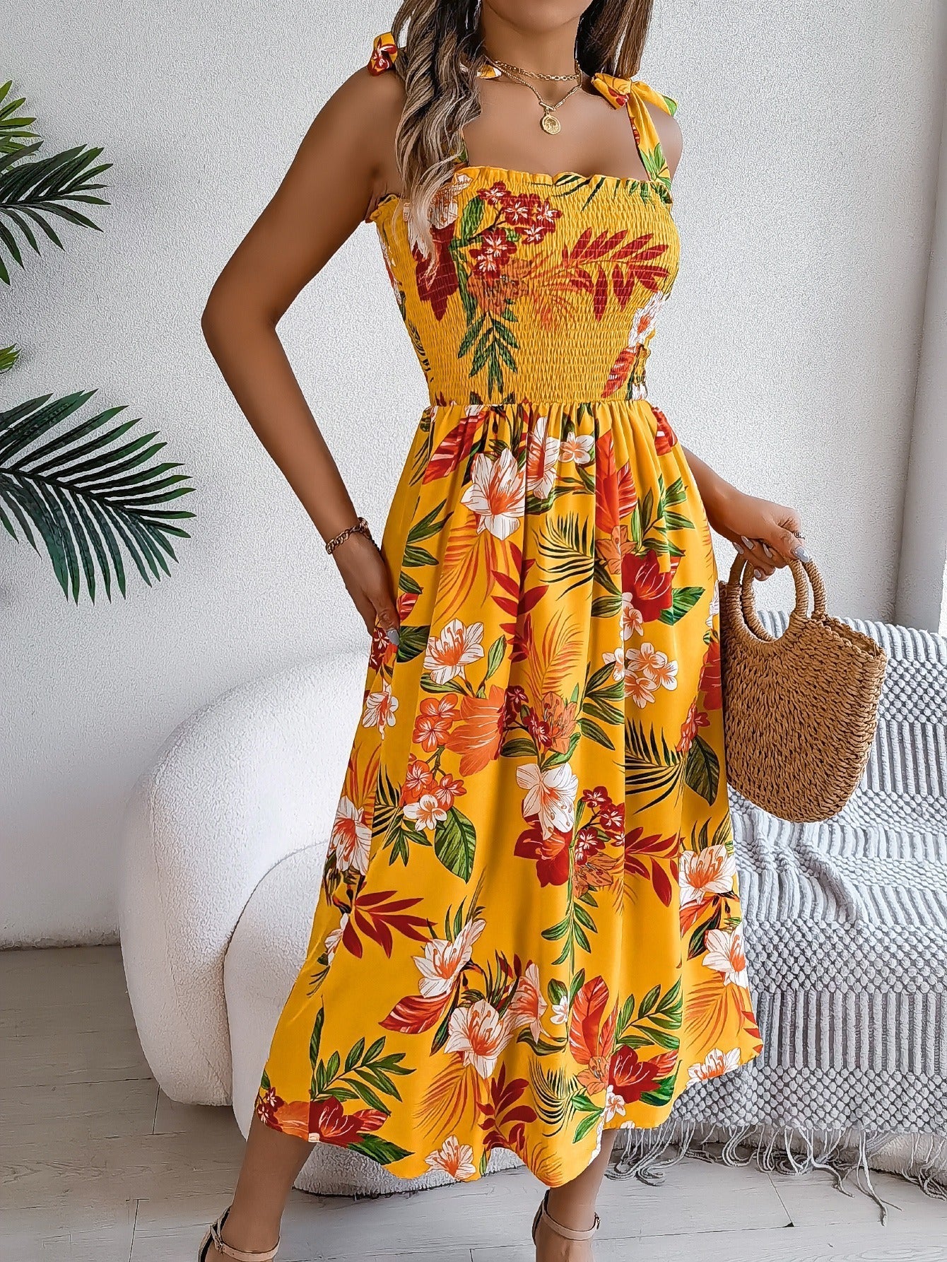 Langes tropisches trägerloses Kleid mit Blumendruck - Modell Kailani