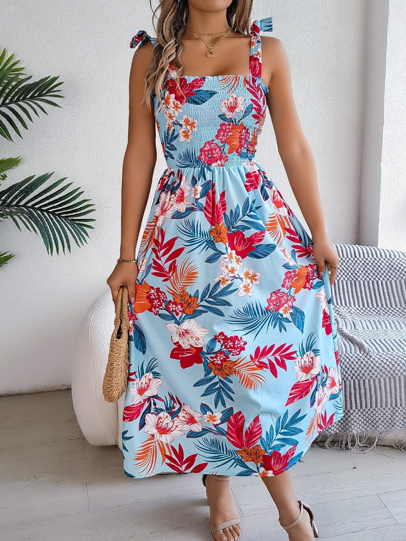 Langes tropisches trägerloses Kleid mit Blumendruck - Modell Kailani