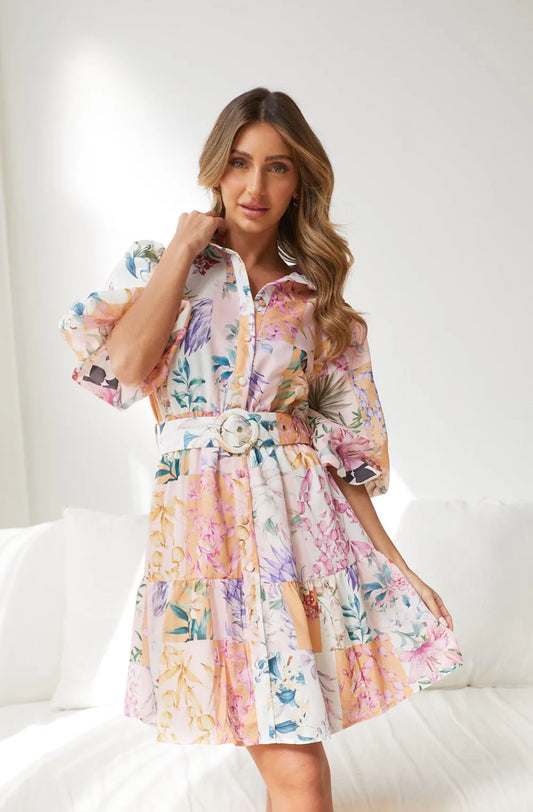 Stephania - Robe à manches lanterne et col montant