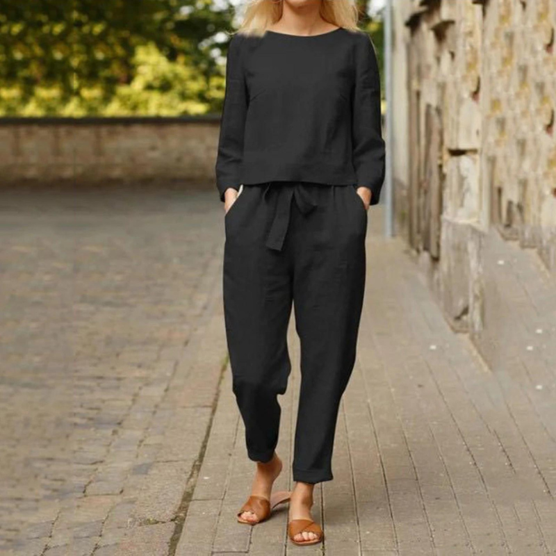 Valentina - Elégant ensemble chemisier et pantalon en lin et coton
