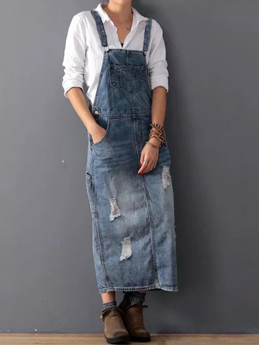 Robe à bavette en jean distressed avec fente dans le dos - Lara
