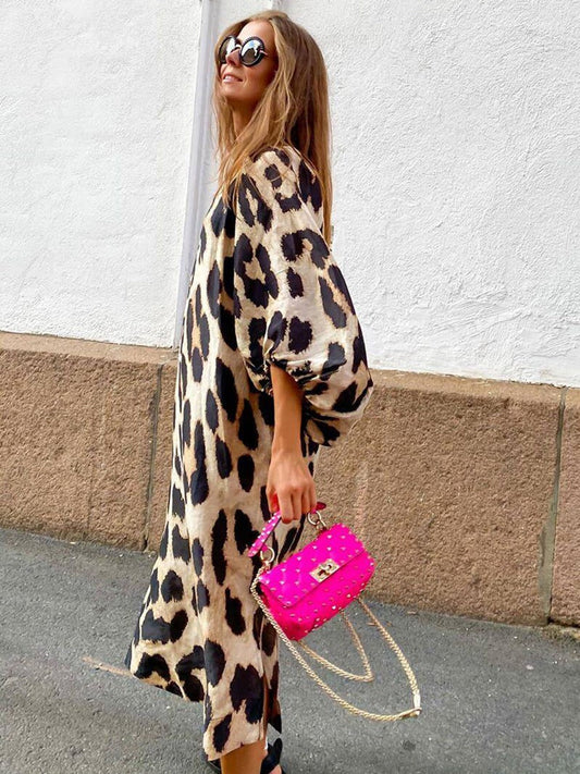Robe midi à manches bouffantes à imprimé animalier pour femme - Renata