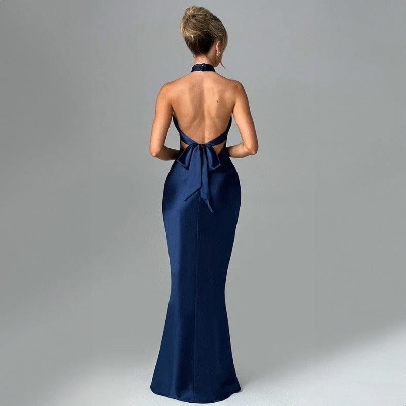 Langes Satin-Crossover-Kleid mit Neckholder-Ausschnitt - Elvira