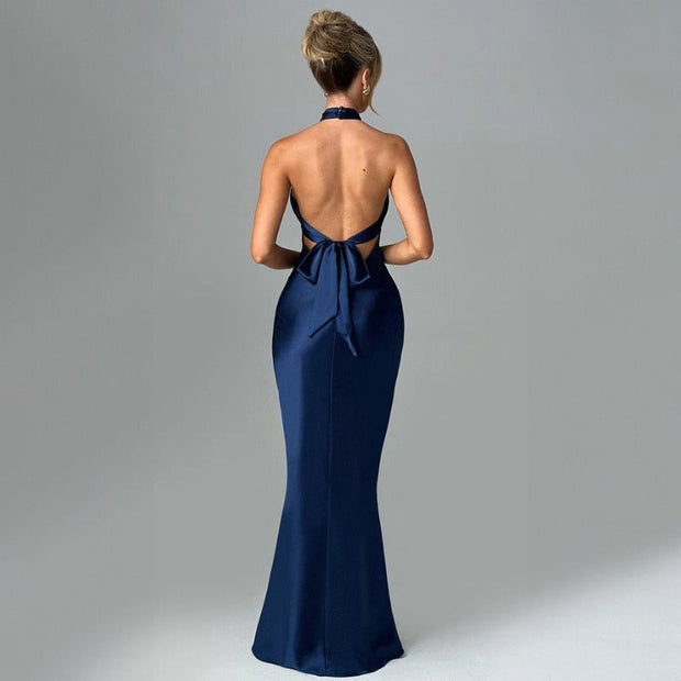 Langes Satin-Crossover-Kleid mit Neckholder-Ausschnitt - Elvira