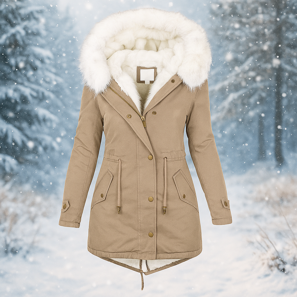 Manteau d'hiver élégant avec capuche en fourrure synthétique - Paula