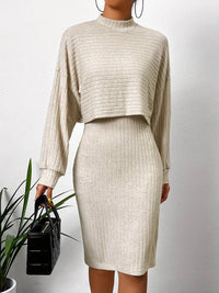 Ensemble élégant composé d'un top et d'une jupe souples à manches longues et col rond, parfaits pour un look raffiné et confortable en toute occasion.