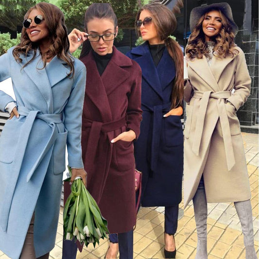 Serena - Manteau en laine pour femme avec revers et ceinture à nouer