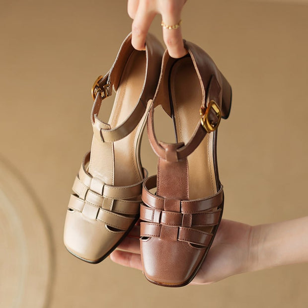 Karolanne - Chaussures à talons blocs à bout carré et bride en T