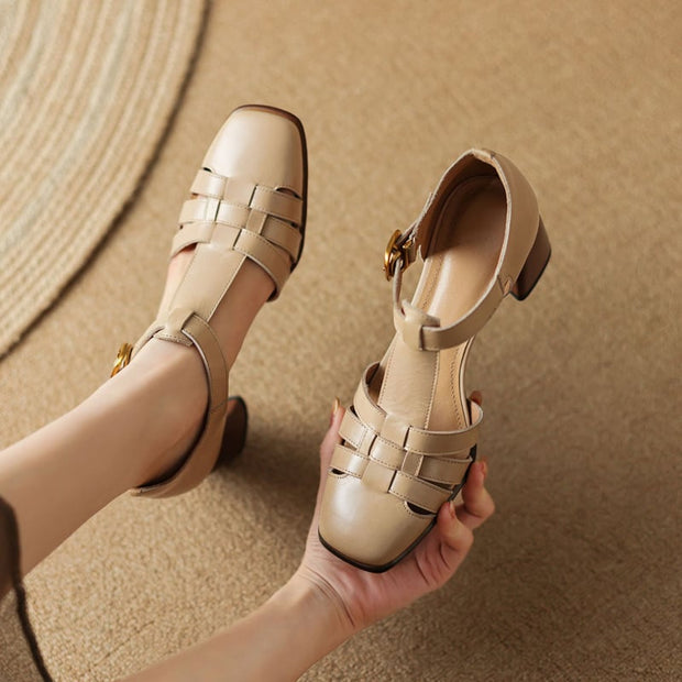 Karolanne - Chaussures à talons blocs à bout carré et bride en T