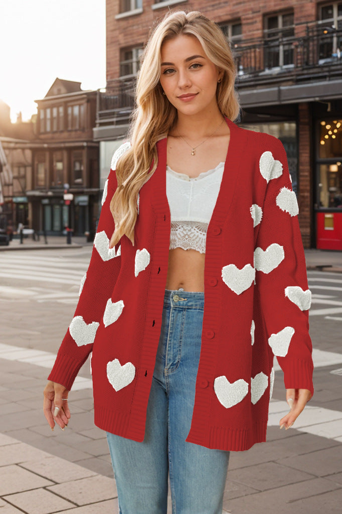 Damen Strickjacke Herzmotiv Knopfleiste locker - Ailith