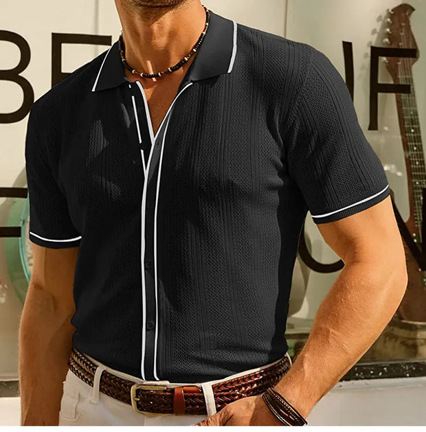 Polo homme en maille ajourée contrastée bleu clair - Lorenzo