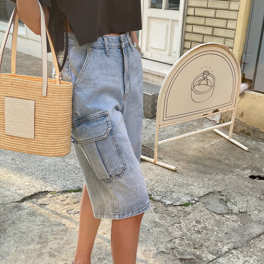 Short en jean pour femme avec poches cargo style baggy - Elina