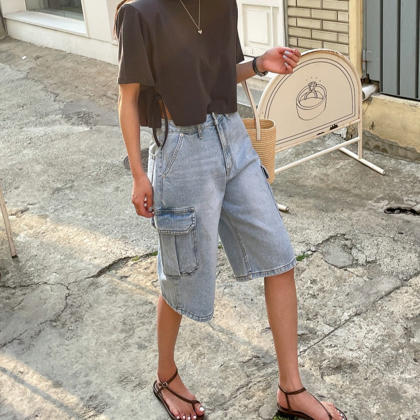 Short en jean pour femme avec poches cargo style baggy - Elina