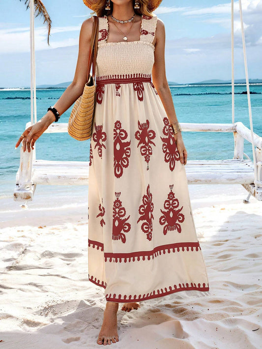 Robe longue à imprimé bohème pour femme, bretelles de plage beiges et noires - Zahara