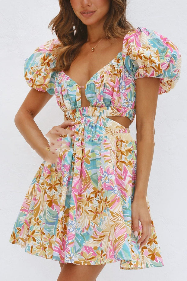 Robe courte à imprimé floral et encolure froncée - Valeria