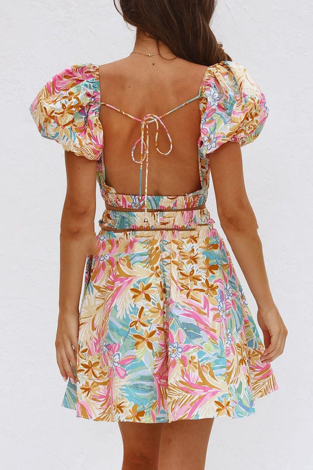 Robe courte à imprimé floral et encolure froncée - Valeria