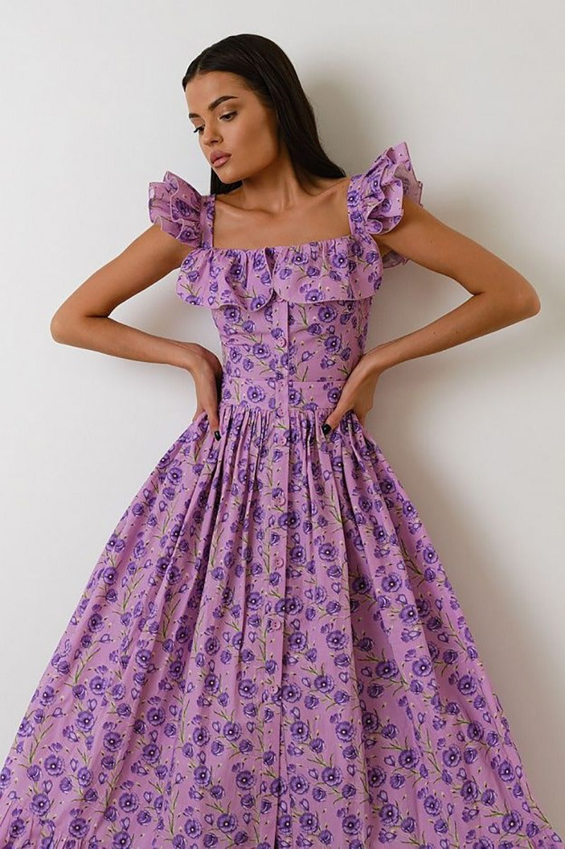 Langes Kleid mit Blumenmuster und quadratischem Ausschnitt - Camille