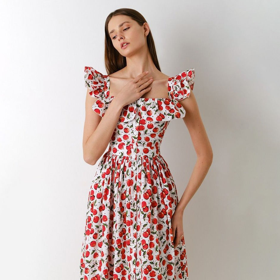 Langes Kleid mit Blumenmuster und quadratischem Ausschnitt - Camille