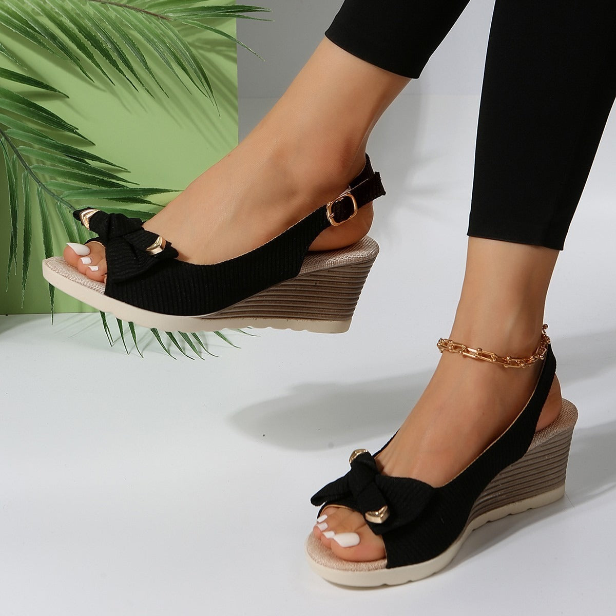 Damen Plateausandalen aus Textil mit Schleife und verstellbarem Riemen - Natalia