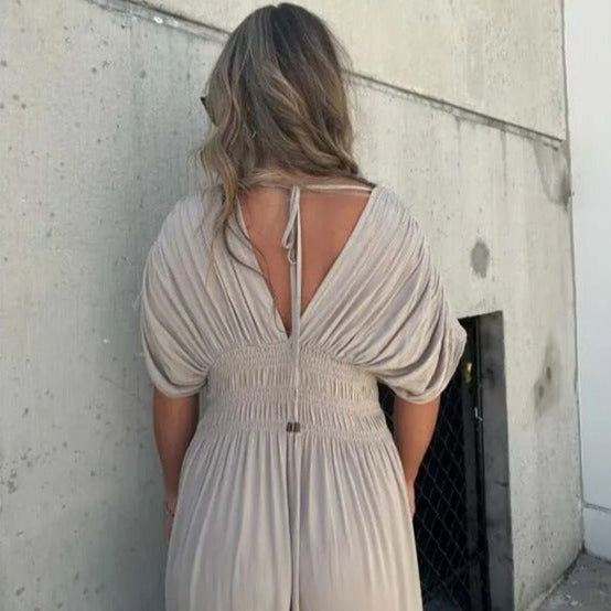Langes Frauenkleid mit V-Ausschnitt und geraffter Taille - Renata