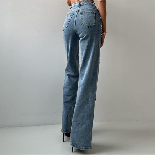 Jean pour femme avec strass décoratifs coupe droite - Eloísa