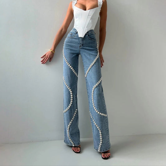 Jean pour femme avec strass décoratifs coupe droite - Eloísa
