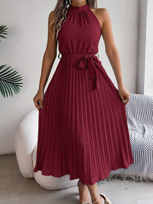 Robe midi plissée sans manches à encolure licou pour femme - Camila
