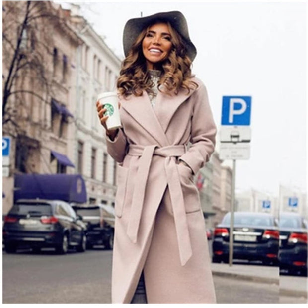 Serena - Manteau en laine pour femme avec revers et ceinture à nouer