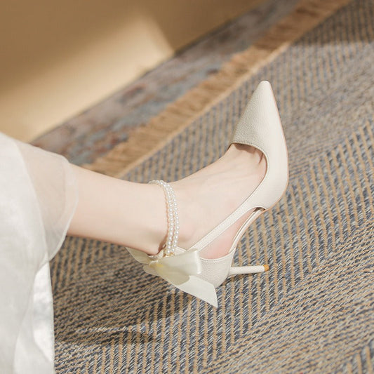 Chaussures à talons en satin avec bracelet en perles pour femmes - Bleu clair