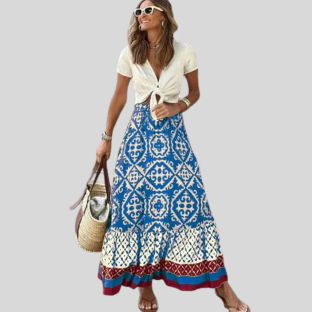 Juliana - Maxi jupe avec motif ethnique et bordure à volants