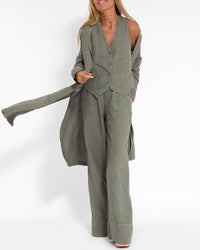GracefulEase - Simple Elegant Linen Vest and Wide Trousers Set (Ensemble gilet et pantalon large en lin)