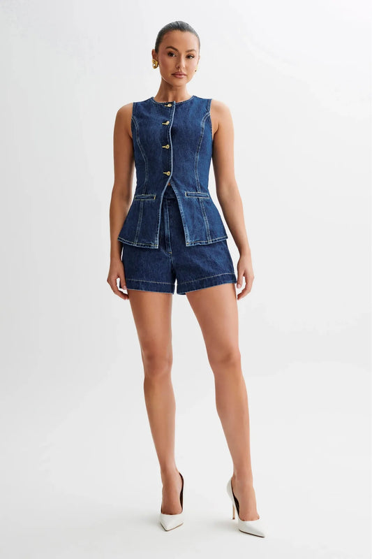Saula - Ensemble gilet péplum en denim et short