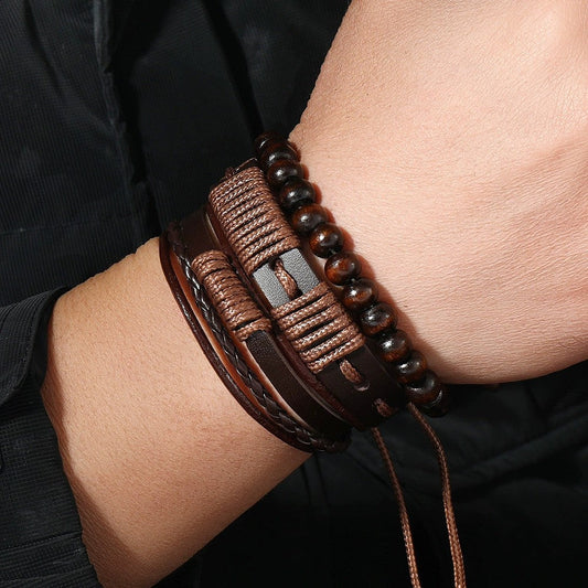 Bracelet homme corde cirée et cuir design tribal 3 pièces - Terrakai