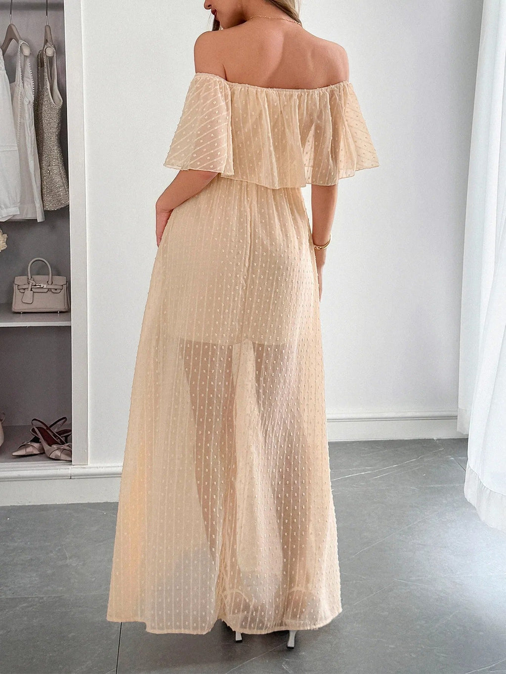 Langes Damen Kleid Plumeti Chiffon Bardot Ausschnitt - Julieta