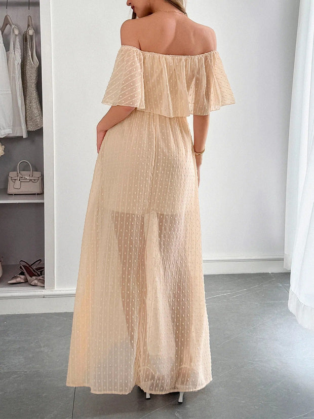 Robe longue femme plumeti mousseline de soie encolure bardot - Julieta