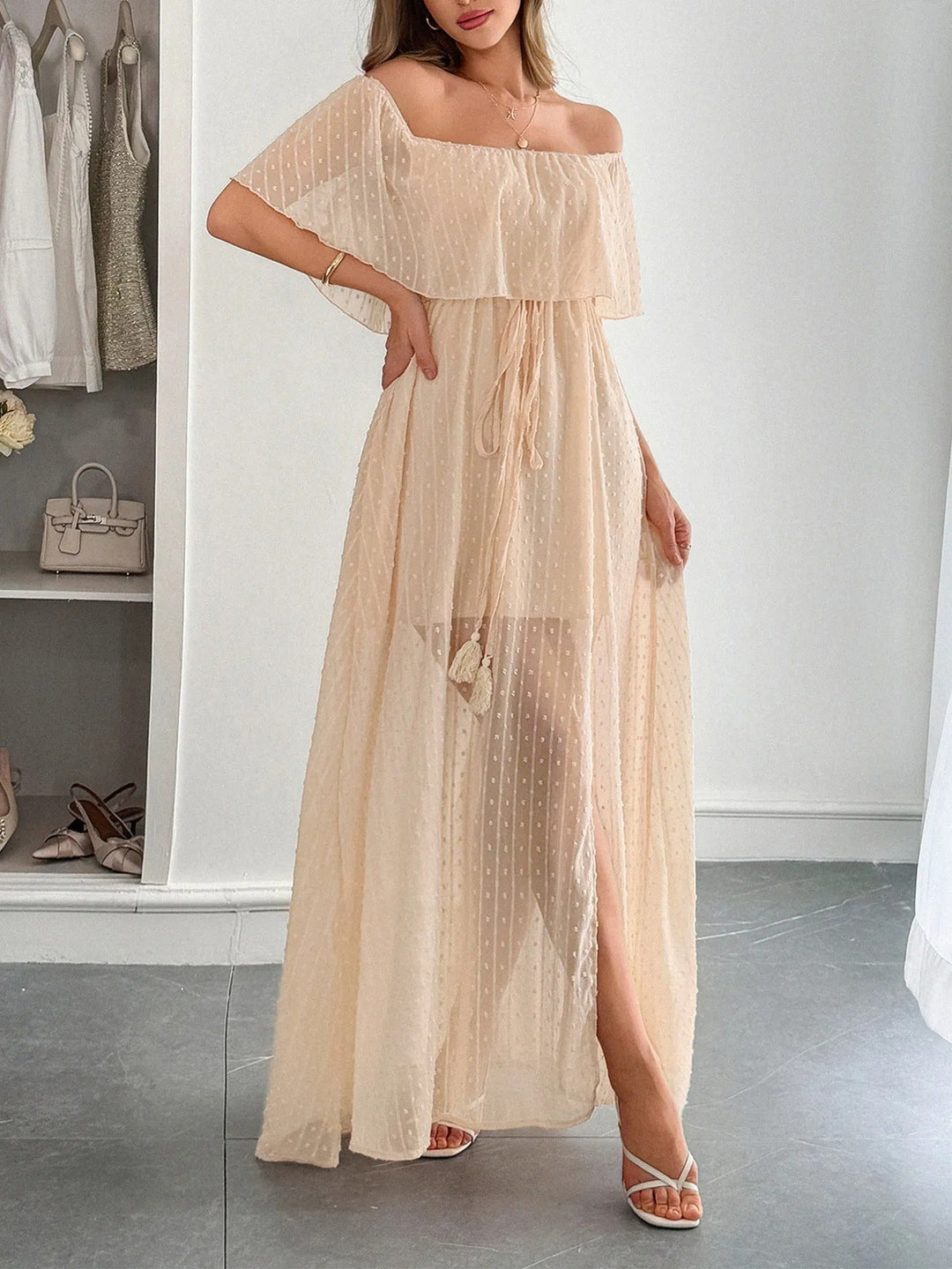 Langes Damen Kleid Plumeti Chiffon Bardot Ausschnitt - Julieta